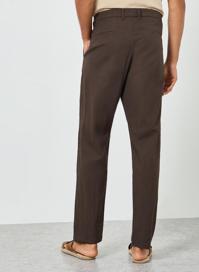 Styli Men Brown Pleated Tapered Linen Trousers - Image 3